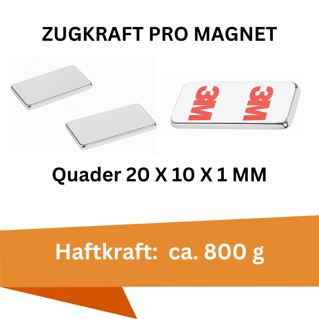 Hochleistungs-Quadermagnet 20 x 10 x 1 mm mit 3,11 kg Haftkraft