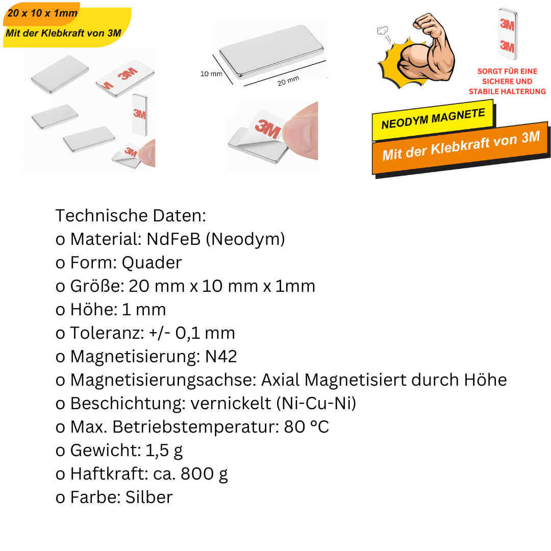 Ultra-flacher Neodym-Magnet 20x10x1 mm – haftet sicher auf glatten Oberflächen