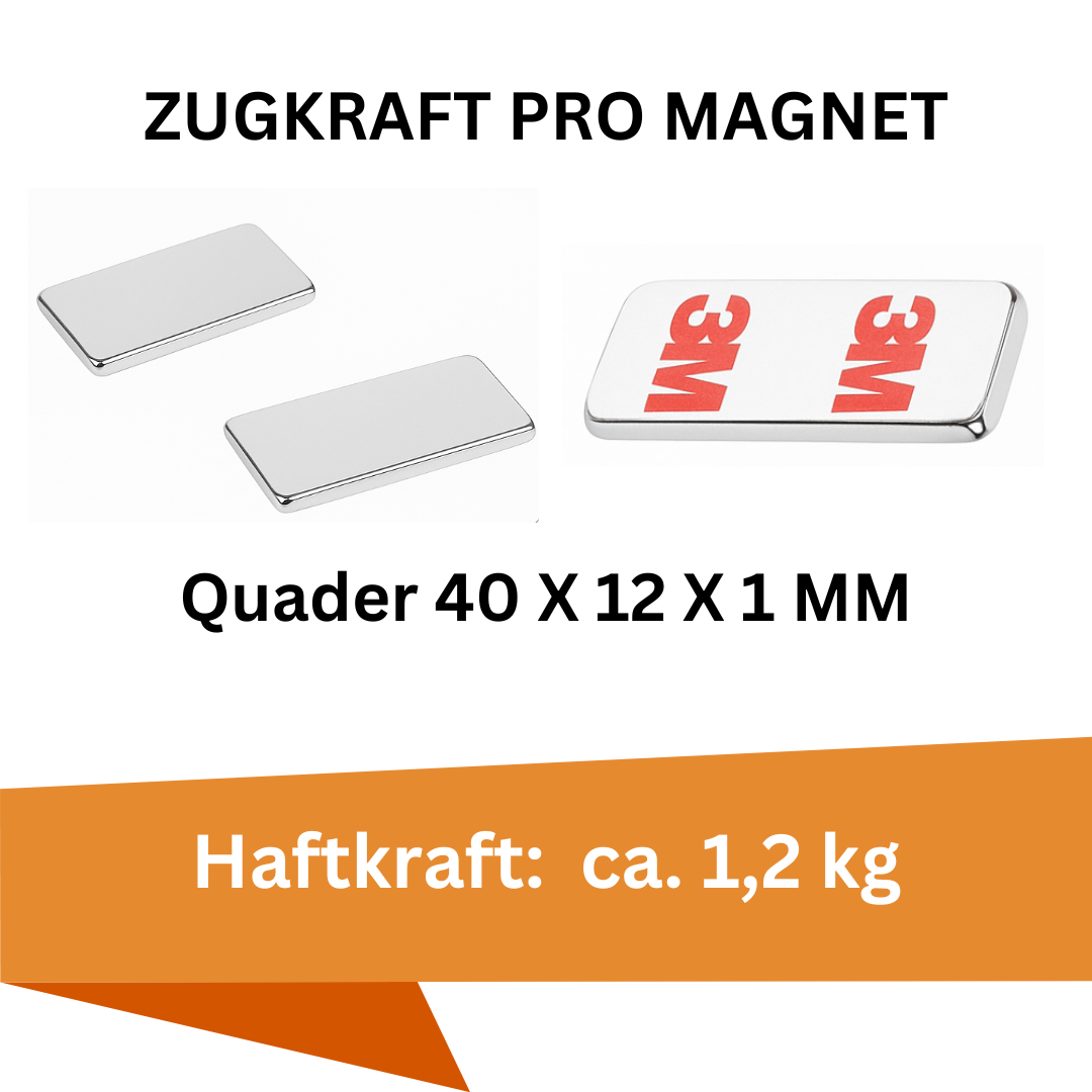 Flacher Quadermagnet 40x12x1 mm mit ca. 5,27 kg Haftkraft