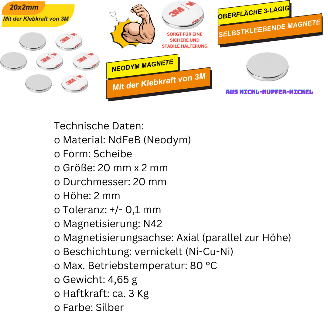Starker selbstklebender Magnet 20mm – Neodym, 2mm dick, 2,4kg Zugkraft