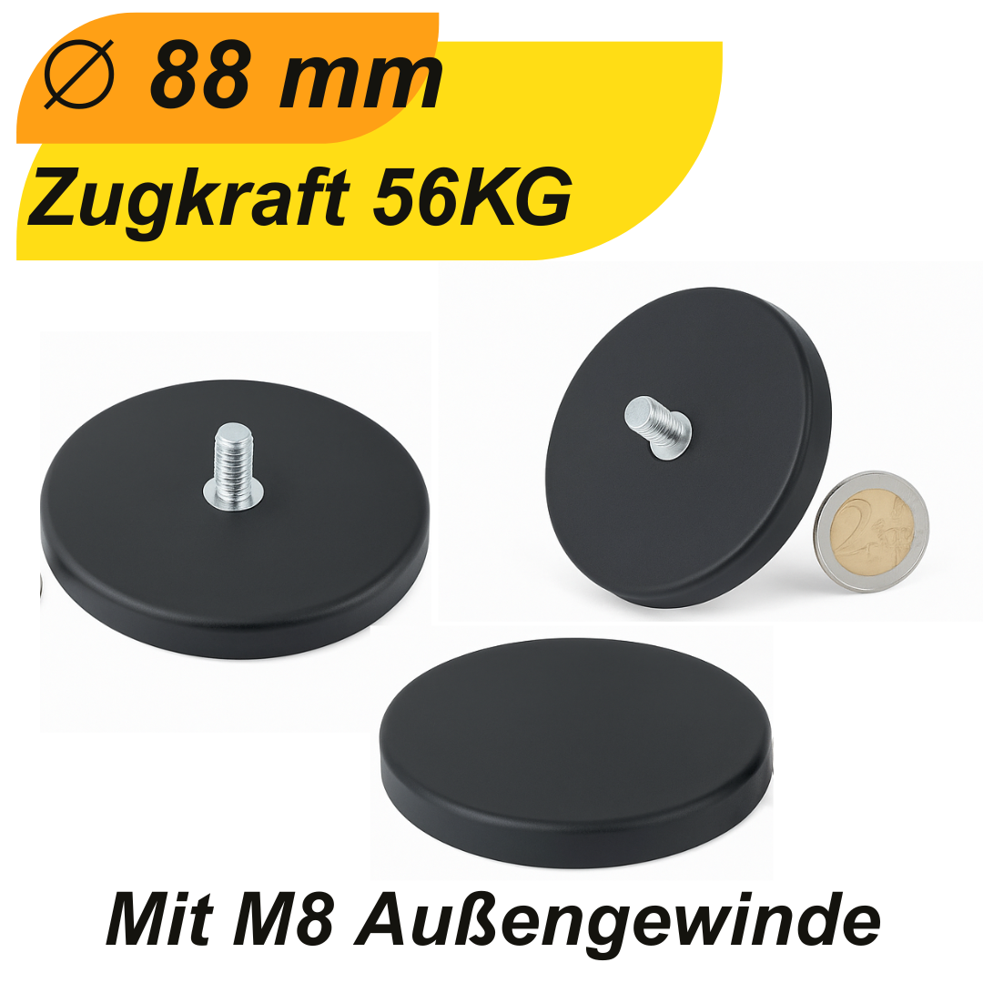 Gummitopfmagnet Ø88 mm mit M8 Innengewinde – Seitenansicht
