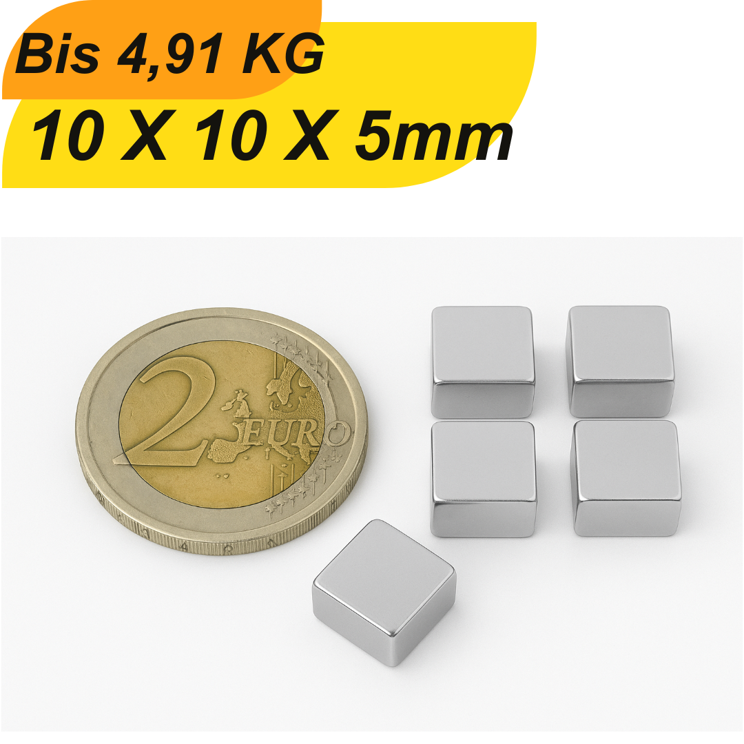Neodym Quadermagnet 10x10x5 mm N42 – leistungsstarker Supermagnet mit hoher Haltekraft
