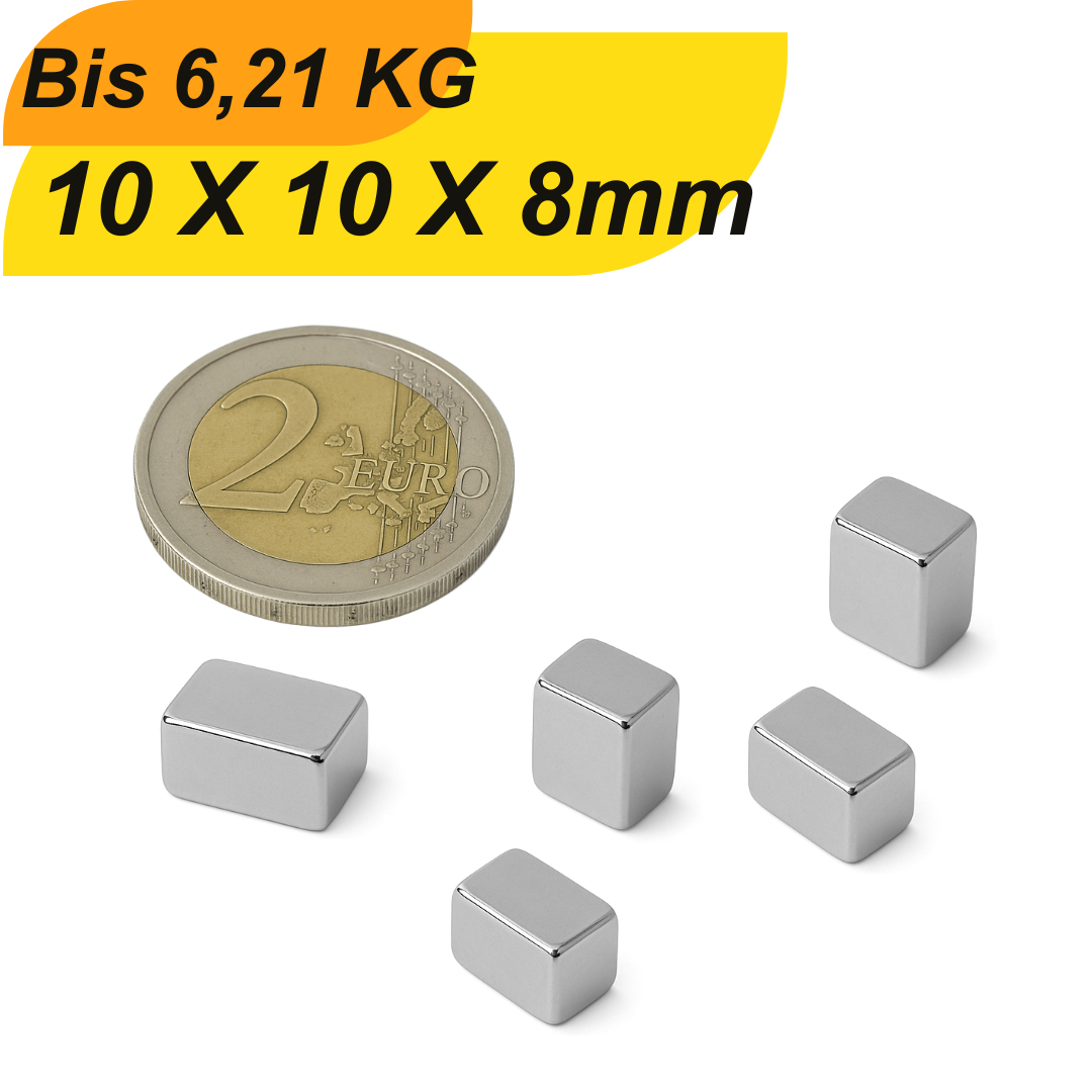 Neodym-Quadermagnet 10x10x8 mm N42 – Supermagnet mit hoher Haftkraft