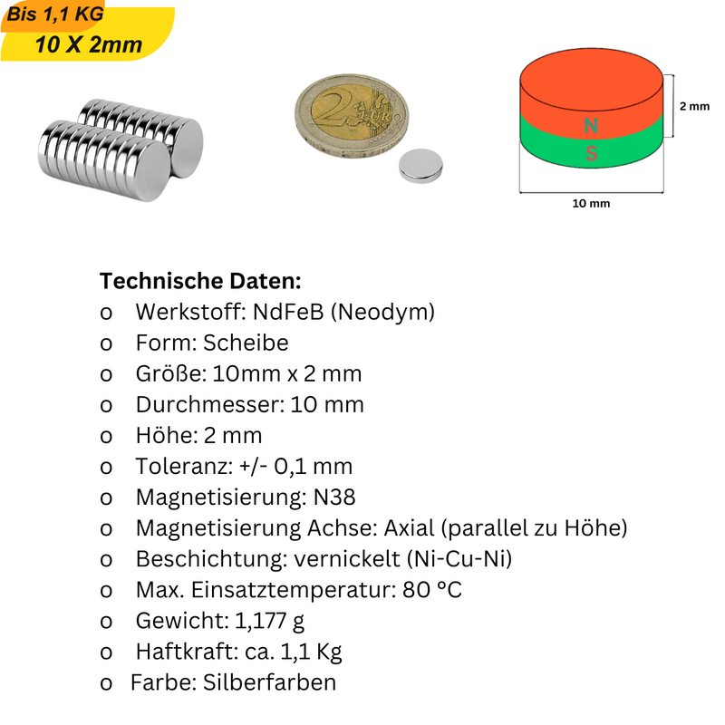 Neodym Magnet 10mm x 2mm – Supermagnet mit hoher Haftkraft als Scheibenmagnet