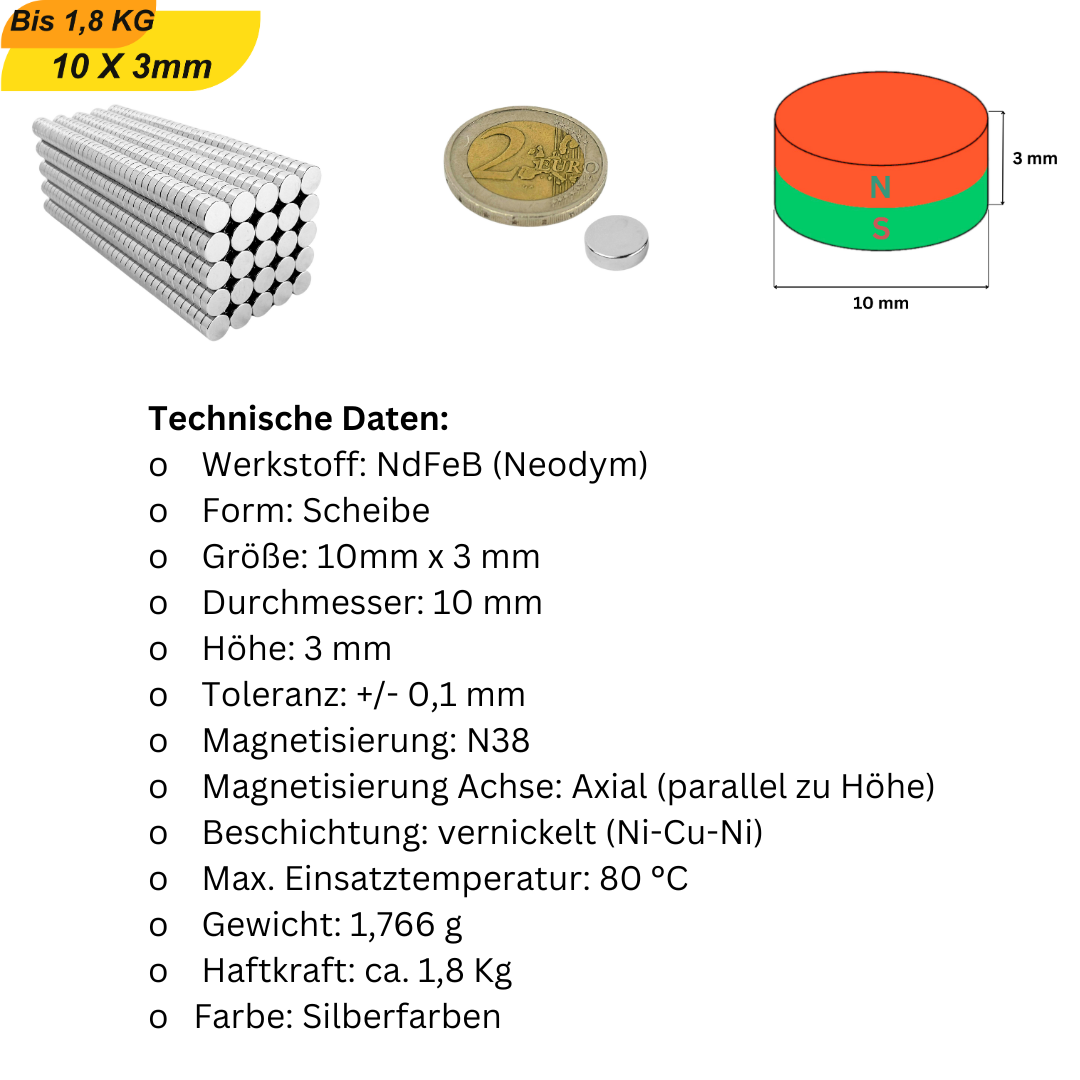 Neodym Magnet 10 mm x 3 mm – starker Scheibenmagnet mit hoher Haftkraft