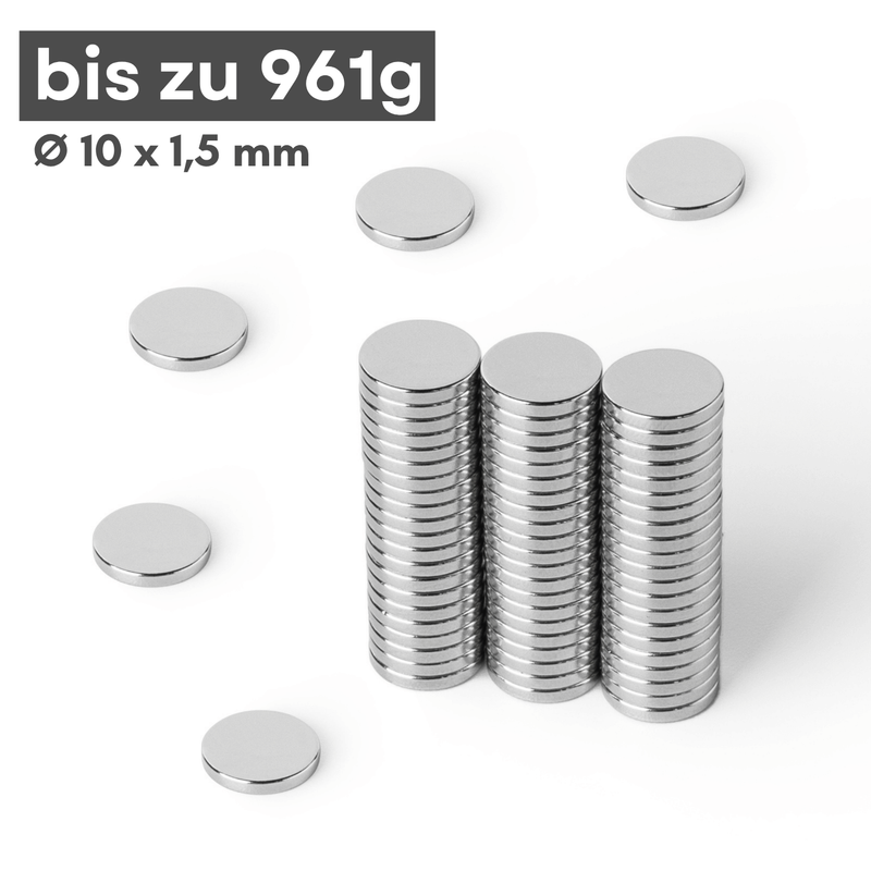 Neodym Scheibenmagnet 10x1,5 mm N42 – silberfarben, starke Haftkraft ca. 961 g