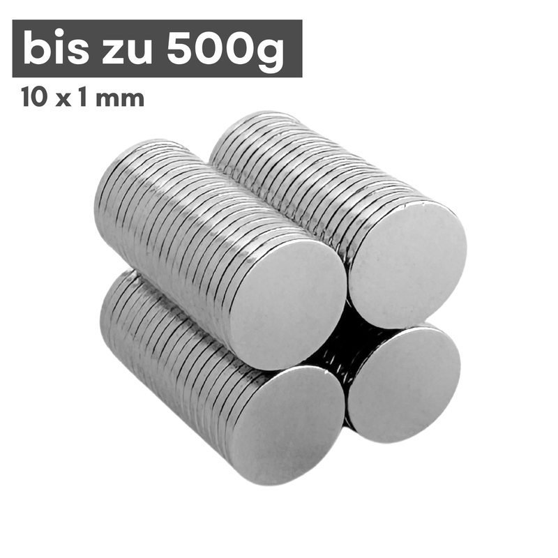 Neodym Magnet Ø 10mm x 1mm - Starker Scheibenmagnet - N38 Supermagnet - Hohe Haftkraft bis 500g