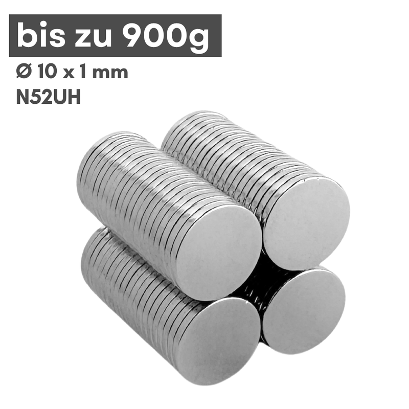 Neodym Magnet Ø 10 x 1 mm Scheibenmagnet N52UH – hohe Haftkraft 0,9 kg vernickelt
