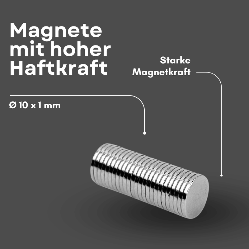Neodym Magnet Ø 10 x 1 mm Scheibenmagnet N52UH – hohe Haftkraft 0,9 kg vernickelt