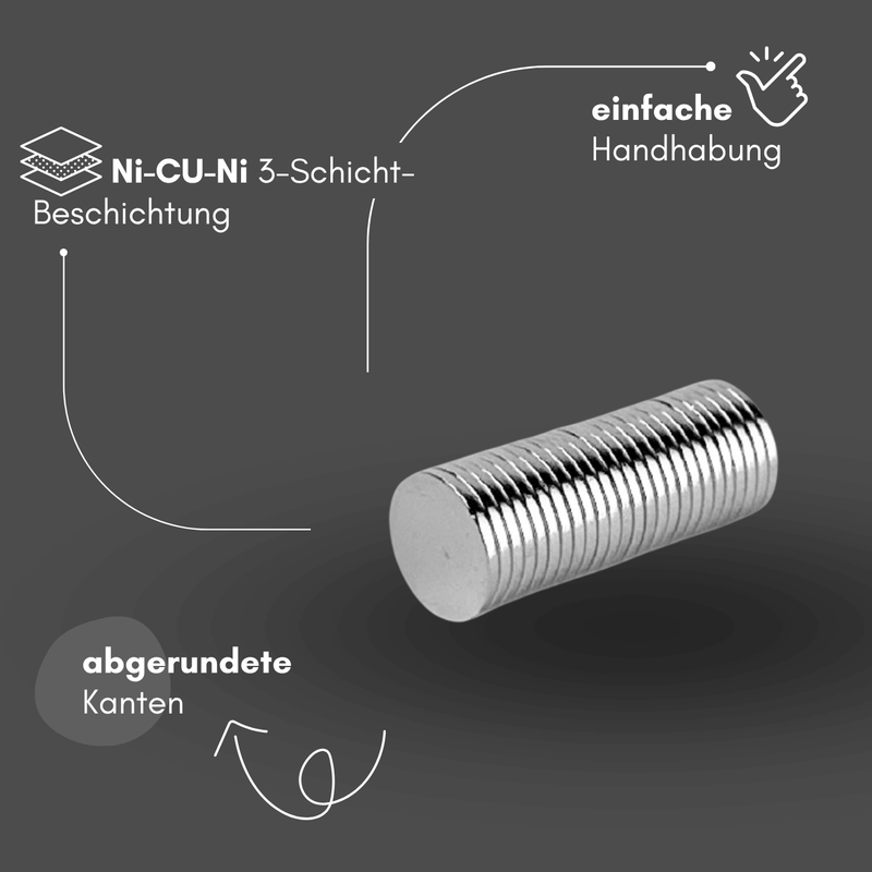 Neodym Magnet Ø 10 x 1 mm Scheibenmagnet N52UH – hohe Haftkraft 0,9 kg vernickelt