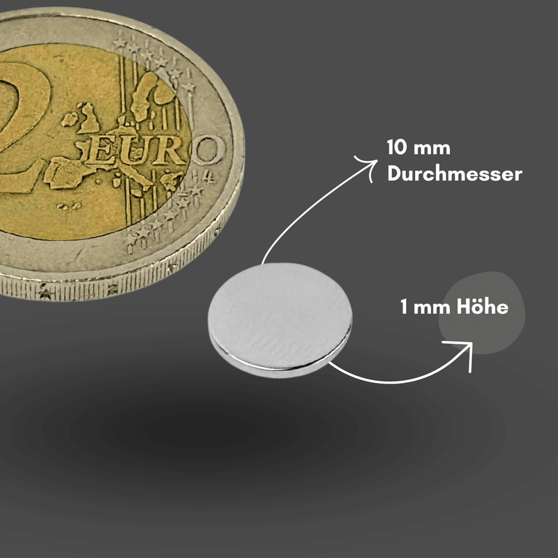 Neodym Magnet Ø 10 x 1 mm Scheibenmagnet N52UH – hohe Haftkraft 0,9 kg vernickelt