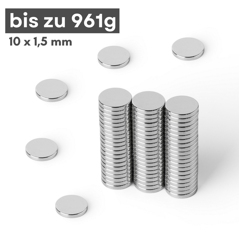 Neodym Magnet Ø 10mm x 1,5mm - Starker Scheibenmagnet - N42 Supermagnet - Hohe Haftkraft bis 961g