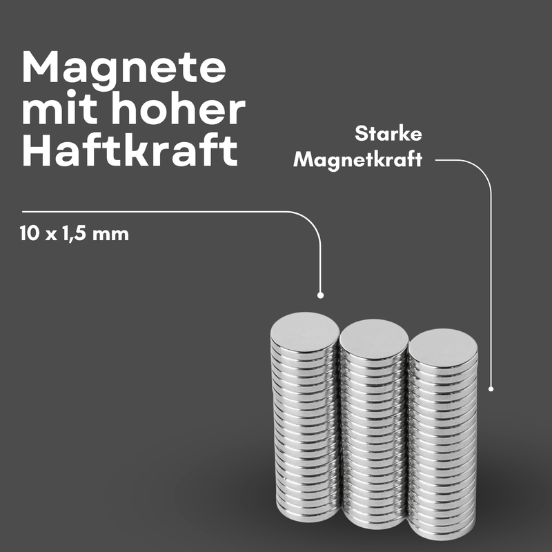 Neodym Magnet Ø 10mm x 1,5mm - Starker Scheibenmagnet - N42 Supermagnet - Hohe Haftkraft bis 961g