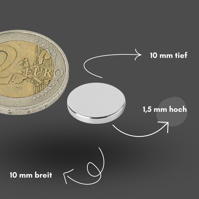 Neodym Magnet Ø 10mm x 1,5mm - Starker Scheibenmagnet - N42 Supermagnet - Hohe Haftkraft bis 961g