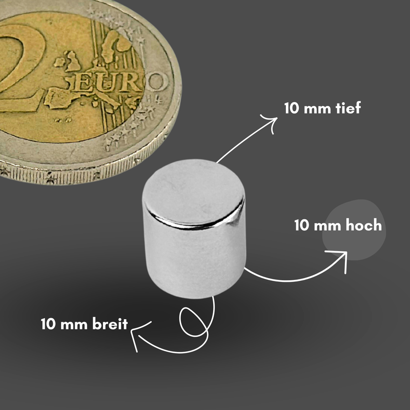 Neodym Magnet Ø 10mm x 10mm - Starker Scheibenmagnet - N38 Supermagnet - Hohe Haftkraft bis 3,6kg