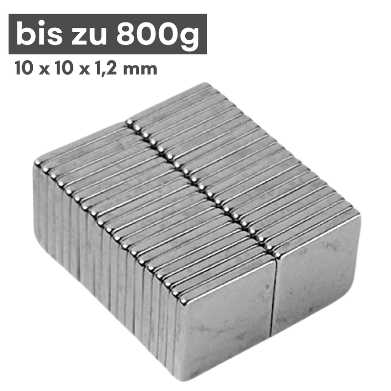 Neodym Magnet 10mm x 10mm x 1,2mm - N38 Supermagnet - Quadermagnete - Hohe Haftkraft bis 800g