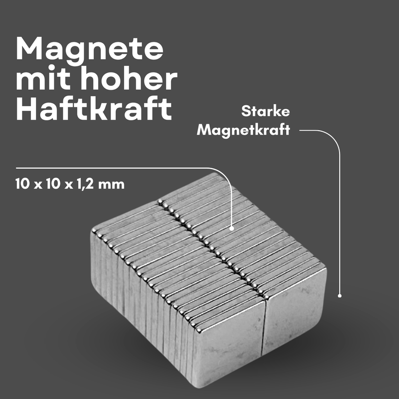 Neodym Magnet 10mm x 10mm x 1,2mm - N38 Supermagnet - Quadermagnete - Hohe Haftkraft bis 800g