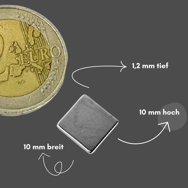 Neodym Magnet 10mm x 10mm x 1,2mm - N38 Supermagnet - Quadermagnete - Hohe Haftkraft bis 800g