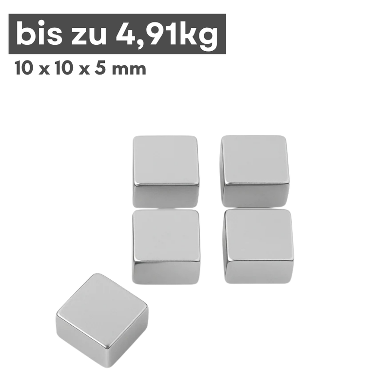 Neodym Magnet 10mm x 10mm x 5mm - N42 Supermagnet - Quadermagnete - Hohe Haftkraft bis 4,91kg
