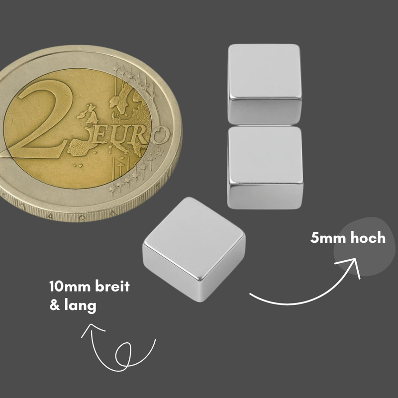 Neodym Magnet 10mm x 10mm x 5mm - N42 Supermagnet - Quadermagnete - Hohe Haftkraft bis 4,91kg