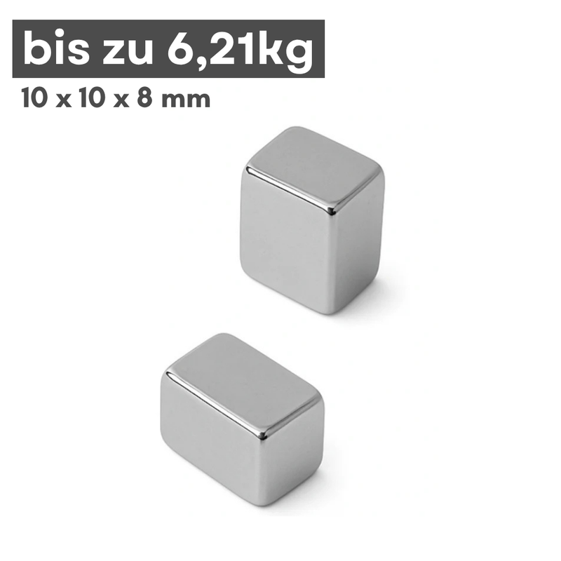 Neodym Magnet 10mm x 10mm x 8mm - N42 Supermagnet - Quadermagnete - Hohe Haftkraft bis 6,21kg