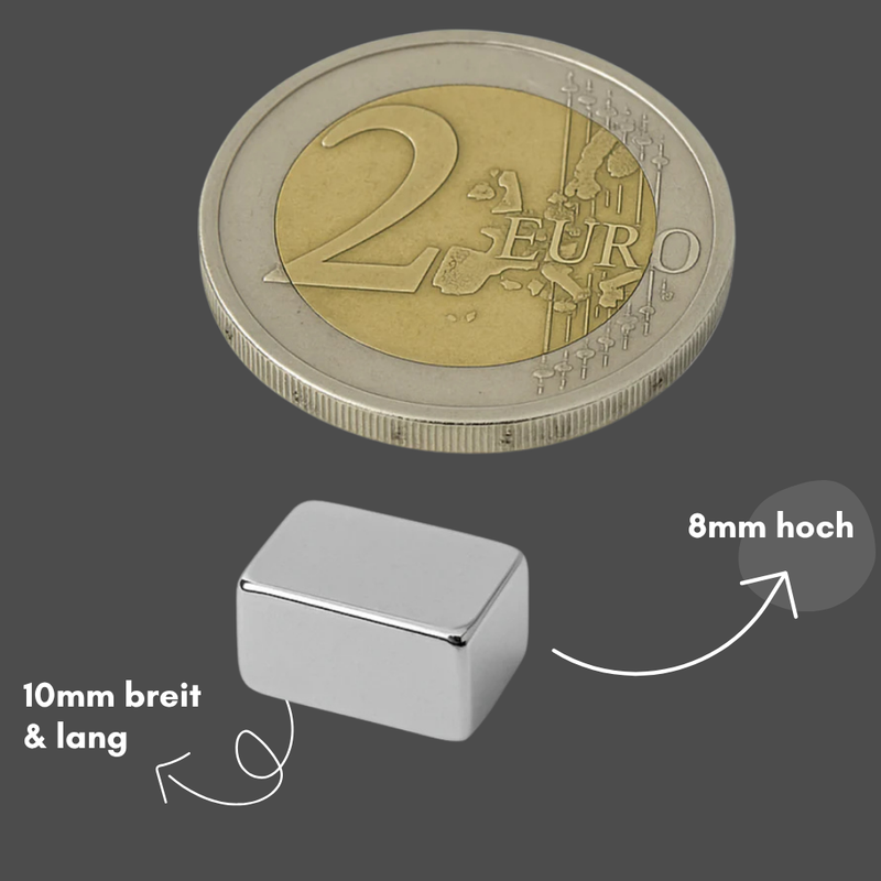Neodym Magnet 10mm x 10mm x 8mm - N42 Supermagnet - Quadermagnete - Hohe Haftkraft bis 6,21kg