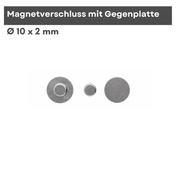 Einseitiger Neodym Magnetverschluss Ø 10 x 2 mm mit passender Stahl-Gegenplatte, silberfarben vernickelt