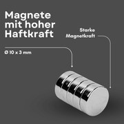 Silberner NdFeB Magnet Ø 10 mm x 3 mm mit ca. 1,8 kg Haftkraft