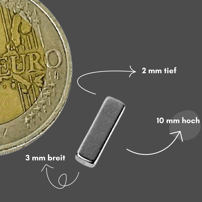 Neodym Magnet 10mm x 3mm x 2mm - N38 Supermagnet - Quadermagnete - Hohe Haftkraft bis 560g