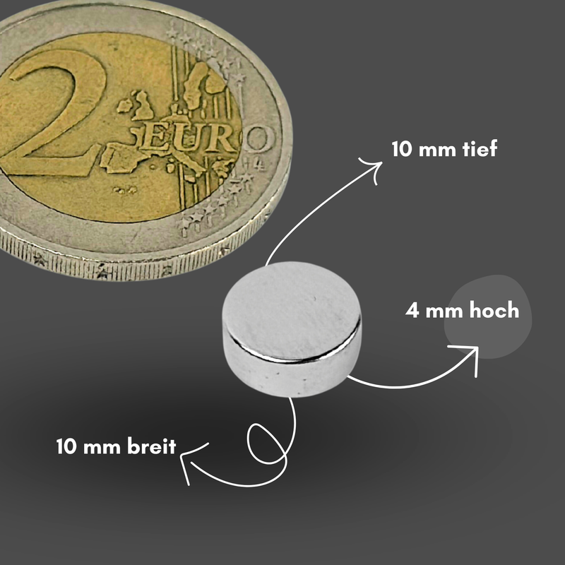 Neodym Magnet Ø 10mm x 4mm - Starker Scheibenmagnet - N38 Supermagnet - Hohe Haftkraft bis 2,3kg