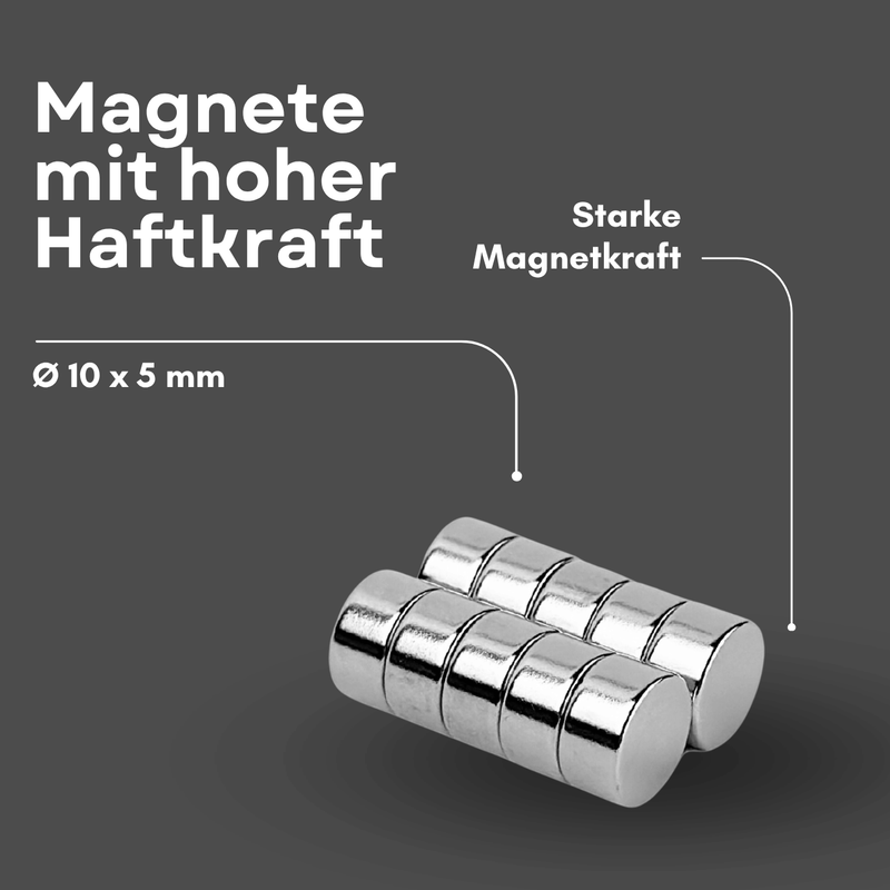 Silberner NdFeB Magnet Ø 10 mm x 5 mm mit ca. 2,7 kg Haftkraft