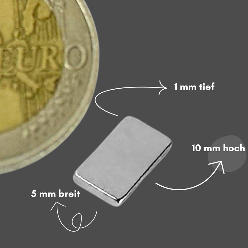 Neodym Magnet 10mm x 5mm x 1mm - N38 Supermagnet - Quadermagnete - Hohe Haftkraft bis 400g