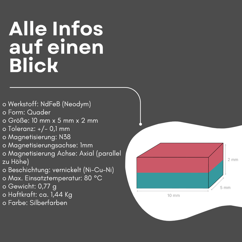 Größenvergleich Neodym Magnet 10x5x2 mm kleiner flacher Quader