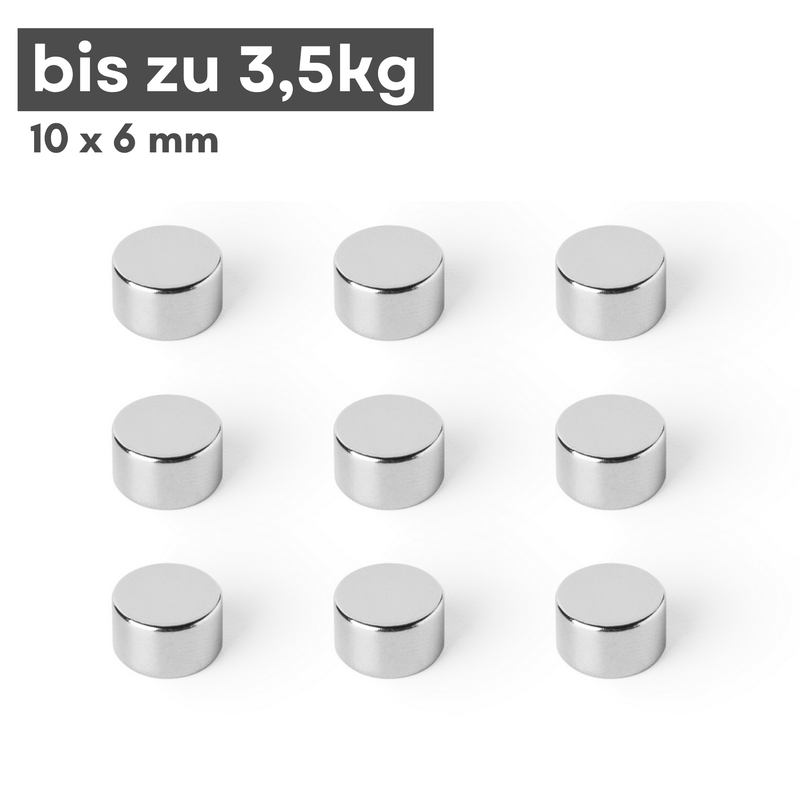 Neodym Magnet Ø 10mm x 6mm - Starker Scheibenmagnet - N42 Supermagnet - Hohe Haftkraft bis 3,5kg