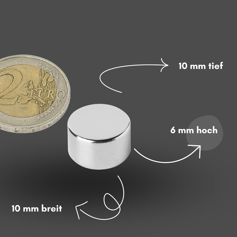 Neodym Magnet Ø 10mm x 6mm - Starker Scheibenmagnet - N42 Supermagnet - Hohe Haftkraft bis 3,5kg