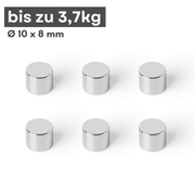 Neodym Scheibenmagnet 10x8 mm N42 – silberfarben, starke Haftkraft