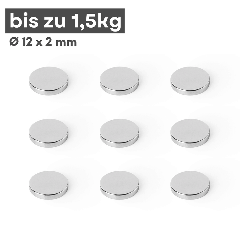 Neodym Scheibenmagnet 12x2 mm N42 – silberfarben, starke Haftkraft