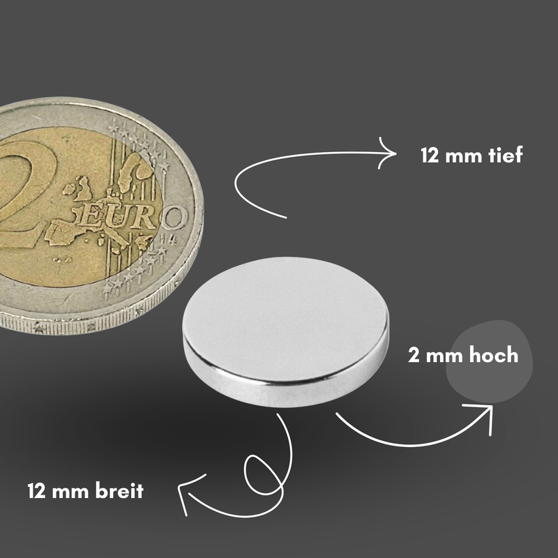 Neodym Magnet Ø 12mm x 2mm - Starker Scheibenmagnet - N42 Supermagnet - Hohe Haftkraft bis 1,6kg