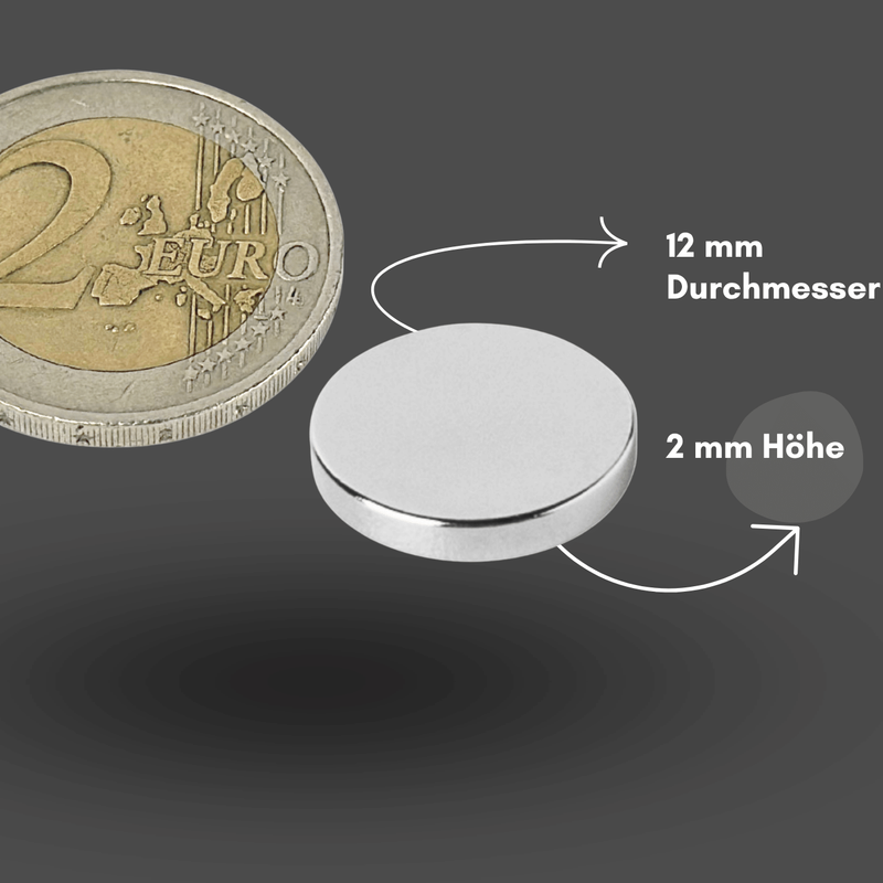 NdFeB Scheibenmagnet 12x2 mm – NiCuNi beschichtet, korrosionsbeständig