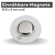 Einnähbarer Magnet Ø 12x2 mm rund, silberner Neodym-Magnet in runder Textilfassung zum Einnähen in Kleidung und Stoffe