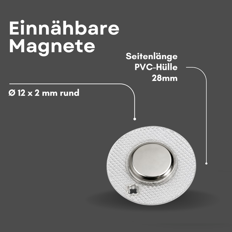 Einnähbarer Neodym-Magnet Ø 12x2 mm rund mit PVC-Hülle (28 mm) – Infografik mit Maßangaben