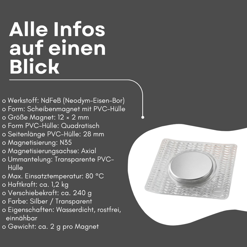 Einnähbarer Neodym-Magnet 12x2 mm eckig – Übersicht der technischen Daten: N35, Haftkraft ca. 1,2 kg, wasserdichte PVC-Hülle, 28 mm Seitenlänge