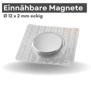 Einnähbarer Magnet 12x2 mm eckig, silberner Neodym-Magnet in textiler Fassung zum Einnähen in Kleidung und Stoffe