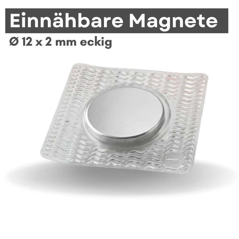 Einnähbarer Magnet 12x2 mm eckig, silberner Neodym-Magnet in textiler Fassung zum Einnähen in Kleidung und Stoffe