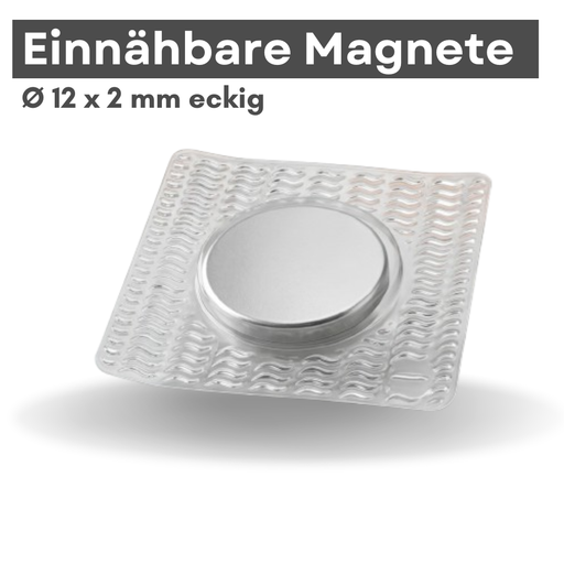 Einnähbarer Magnet 12x2 mm eckig, silberner Neodym-Magnet in textiler Fassung zum Einnähen in Kleidung und Stoffe