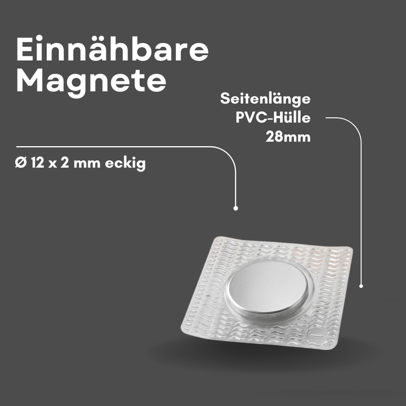Einnähbarer Neodym-Magnet 12x2 mm eckig mit PVC-Hülle, Seitenlänge 28 mm – Infografik mit Maßangaben
