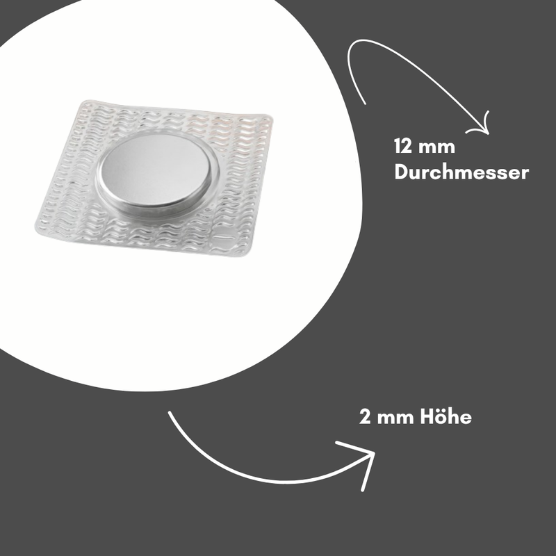Einnähbarer Neodym-Magnet eckig mit 12 mm Durchmesser und 2 mm Höhe – Maßangaben des Textilmagneten