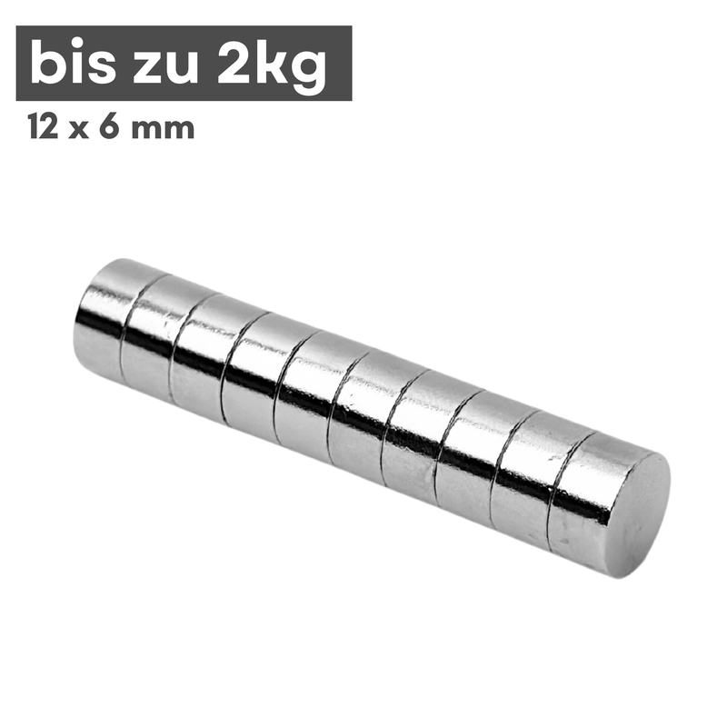Neodym Magnet Ø 12mm x 6mm - Starker Scheibenmagnet - N38 Supermagnet - Hohe Haftkraft bis 2kg