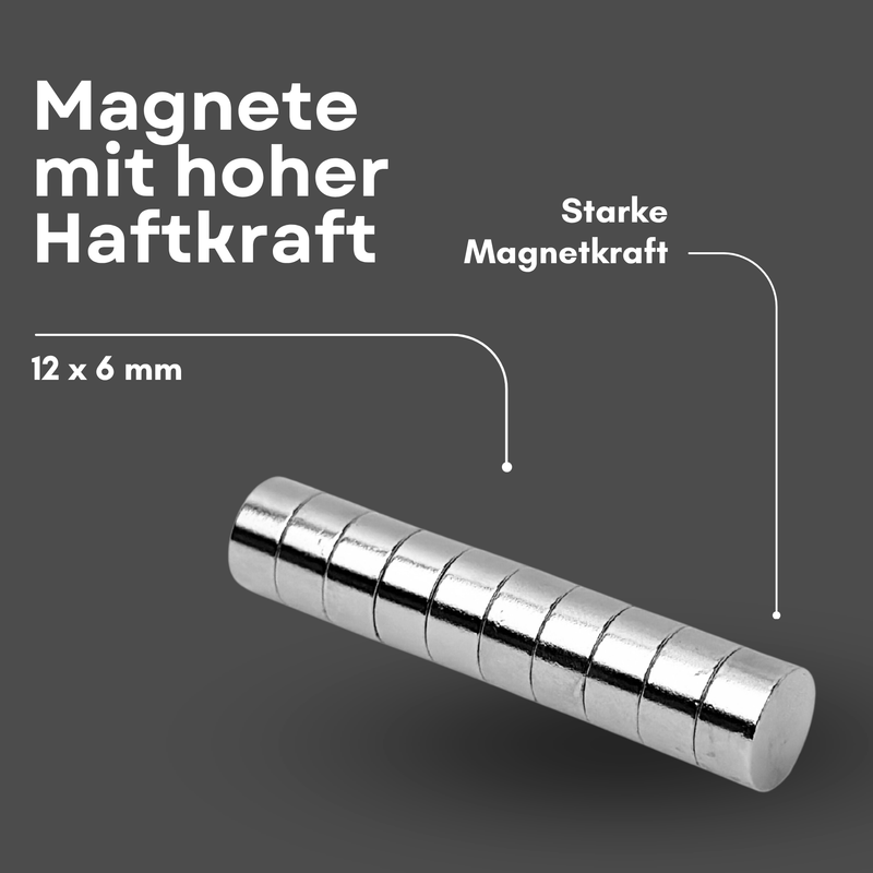 Neodym Magnet Ø 12mm x 6mm - Starker Scheibenmagnet - N38 Supermagnet - Hohe Haftkraft bis 2kg