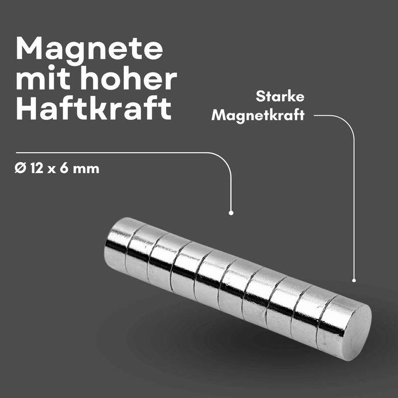 Silberner NdFeB Magnet Ø 12 mm x 6 mm mit ca. 2 kg Haftkraft